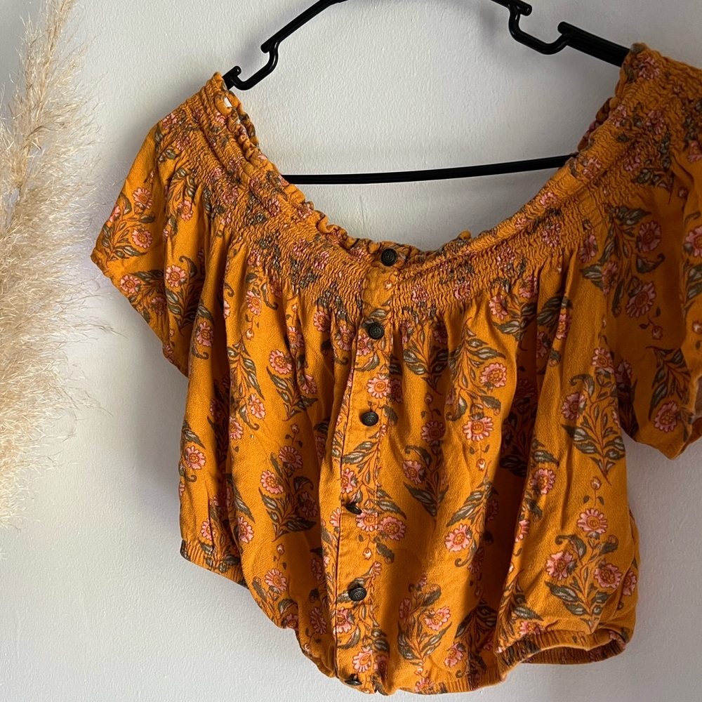 Floral Off The Shoulder Mustard Crop Top